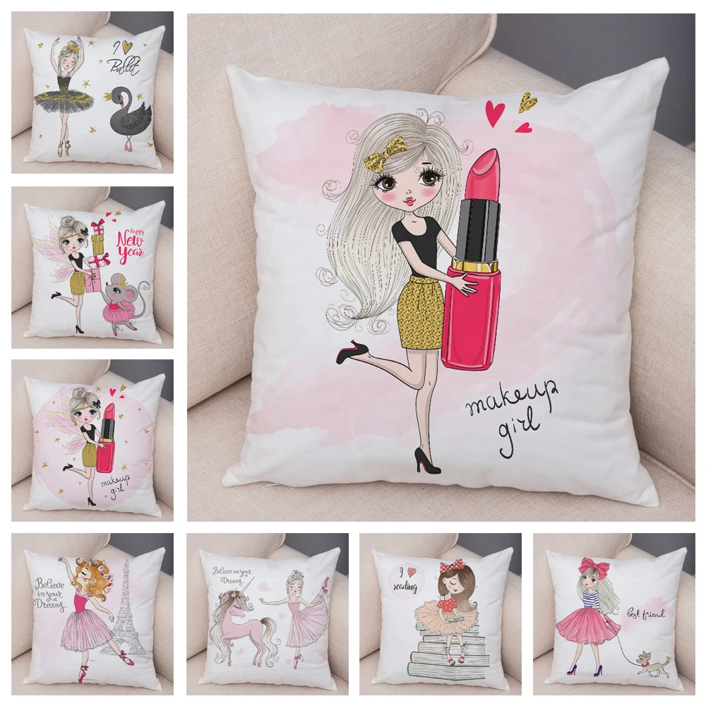 

Lychee Life Ballet Girl Print Pillowcase Short Plush Decoration Cute Cartoon Pillowcase Home Office Pillowcase Cushion Cover