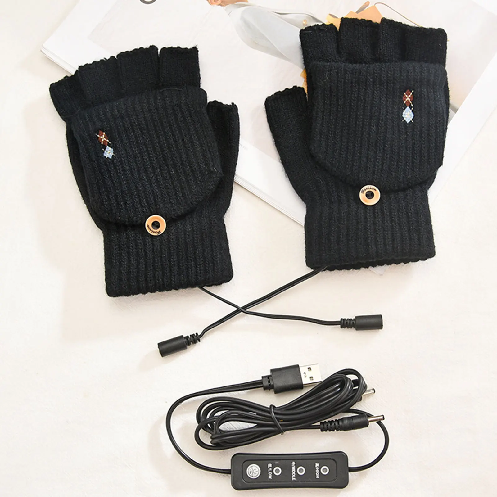 

USB Heating Knitting Hands Warmer Adjustable Temperature Lightweight Heating Mittens for Indoor Office Work Typing FS99