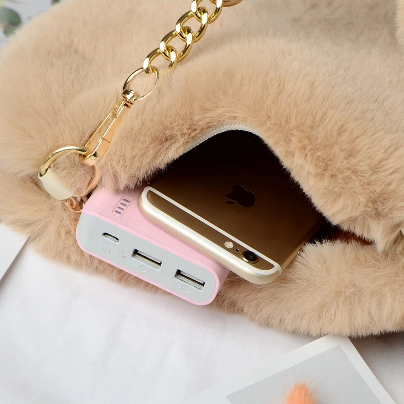 Winter Plush Heart shaped Women's handbag Cute Fashion Chain Shoulder Bag Female Clutch Purse Love Messenger Bag