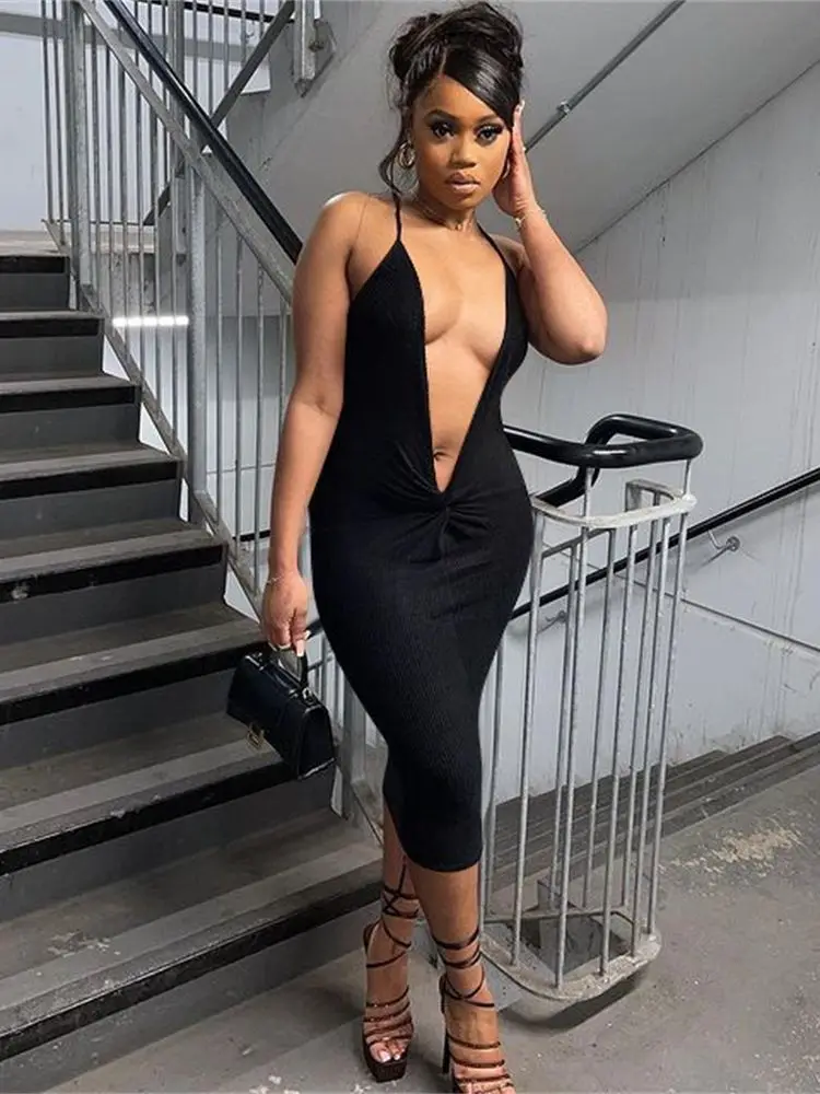 

Deep V Neck Dress Women Ribbed Backless Sexy Halter Bandage Dress Women Fashion 2022 Summer Evenong Club Wear Women Clothing