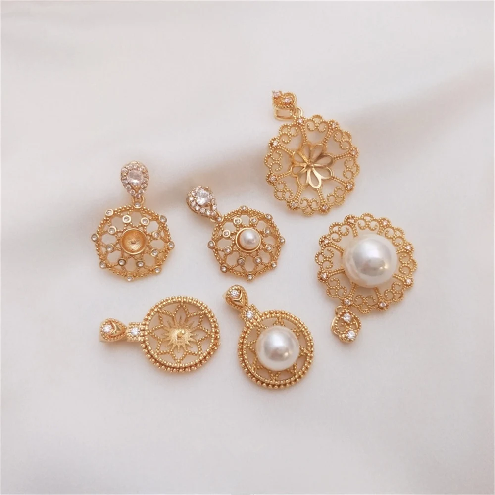 

14K Gold Filled Plated Zircon Eight Star Lace round half hole pearl pendant DIY crystal pearl necklace empty bracket