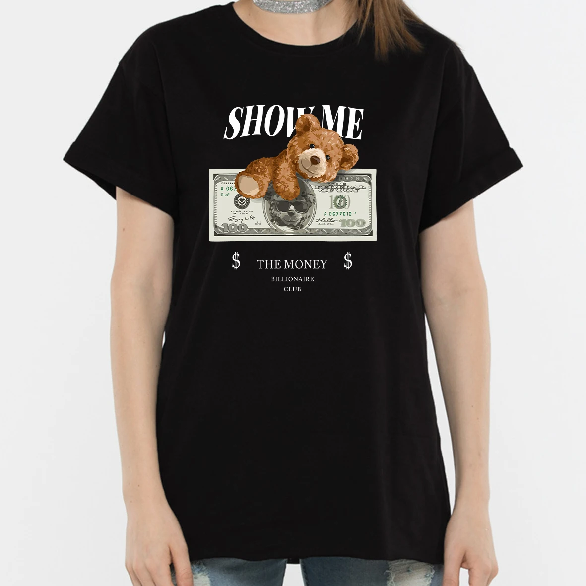 

BLINGPAW Graphic T Shirts Teddy Bear SHOW ME THE MONEY Letter Print T-shirt White Cotton Unisex Tees Summer Tee Harajuku Shirts