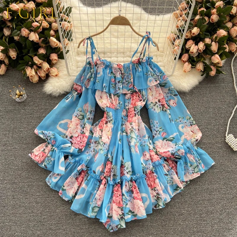 Women Off Shoulder Strap Dress Slash Neck Puff Sleeve Wide Leg Jumpsuits Summer Bohemian Print Vacation Short Playsuit