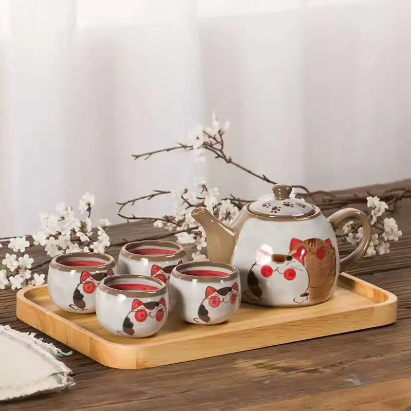 Japanischen Stil Kreative Hand Painted Nette Katze Teekanne Keramik Haushalt Teetasse Porzellan Büro Wasserkocher Kung Fu Drink Tee-Set