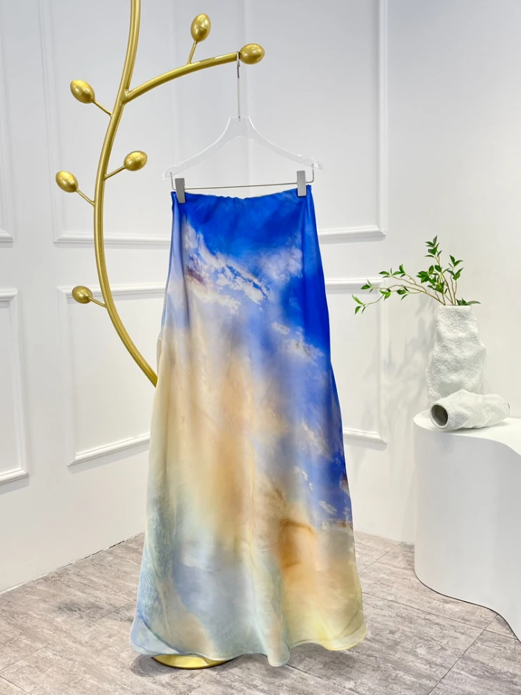 

Elegant Women Clothing 2023 Top Quality Latest Spring Summer Tie Dye Floral Printing Flat Midi Skirt for Lady