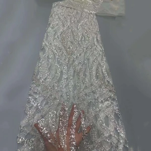 Sinya Latest Gorgeous White Nigeria Wedding Bridal Lace Fabric High Quality Luxury Sequins Handmade Beaded Lace Fabric For Women