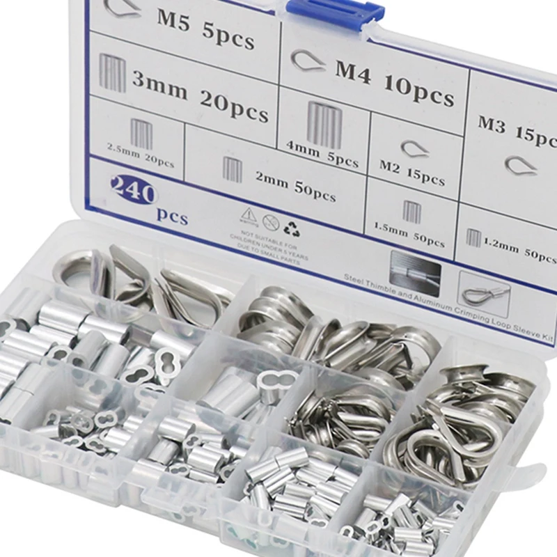 

240PCS Crimping Loop Sleeve Kit Wire Rope Thimbles Set Aluminum Double Ferrule for Wire Rope Dog Leashes Clothes Lines