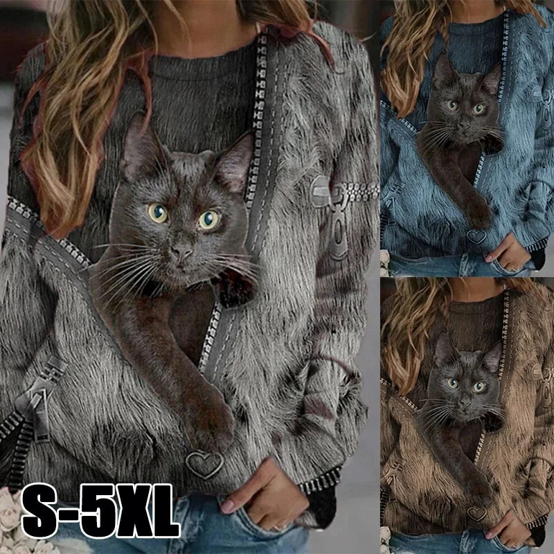 Women New in y2k Clothes Fashion Print T-shirt Zipper Cartoon Cat Printed Casual Shirt Long Sleeve Round Neck Tops
