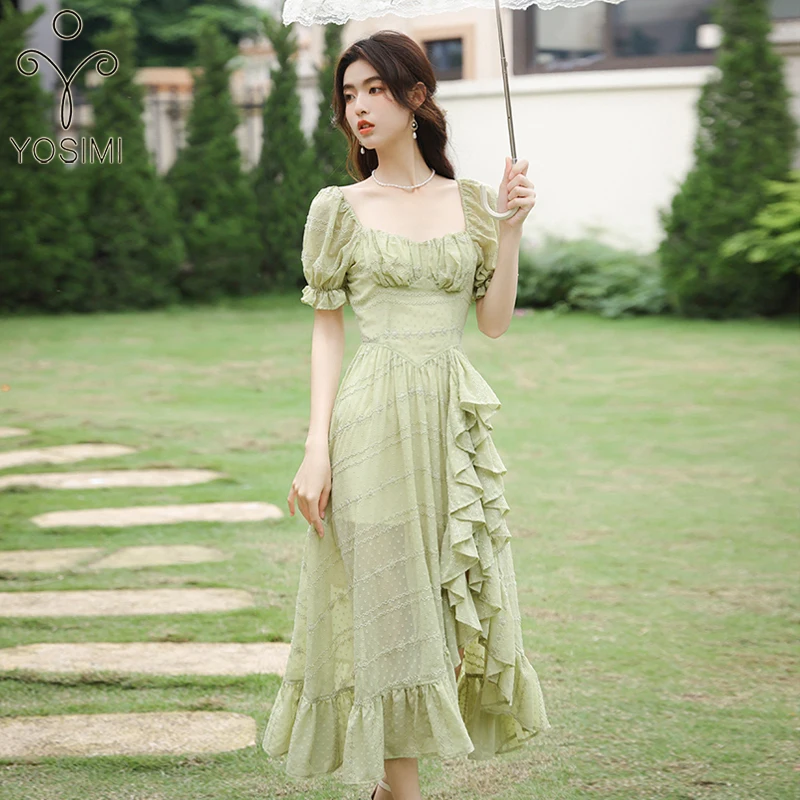 

YOSIMI женское летнее платье с коротким рукавом-фонариком, зеленое Хлопковое платье-трапеция до середины икры в стиле ампир, длинное платье дл...