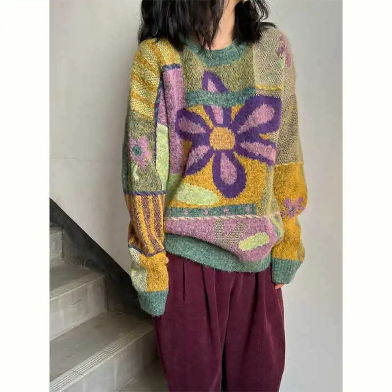 

Женский трикотажный пуловер в японском стиле с цветными цветами и круглым вырезом, винтажный и шикарный свитер на осень/зиму