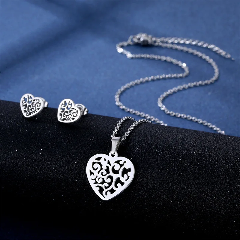 

Stainless Steel Silver Color Heart Flower Pendant Chain Necklace Stud Earring for Women Party Birthday Fashion Jewelry Set Gift