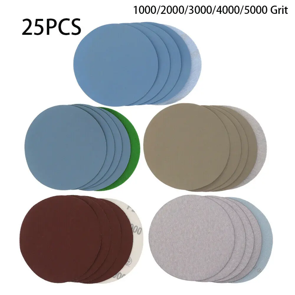

5 Inch 25x 125mm Wet And Dry Sanding Discs 5" Sandpaper Hook & Loop Pads Abrasives Grit 1000 / 2000 / 3000 / 4000 / 5000 Grit