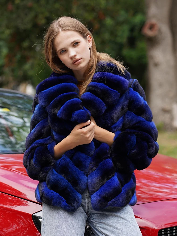 Natural Blue Rex Rabbit Fur Coat Women Fashion New Lapel Long Sleeve Outertwear Strip Sewed Casual Real Fur Jacket Female enlarge