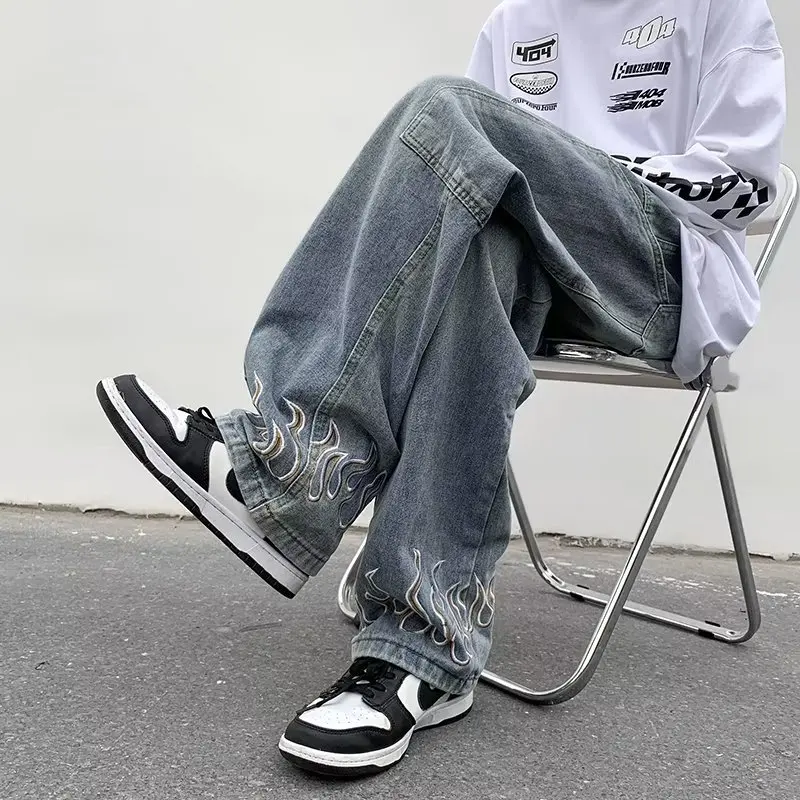 DEEPTOWN Vintage Printed Jeans Straight Streetwear Denim Pants Classic Retro Loose Casual Fashion Trousers Male Black Spring