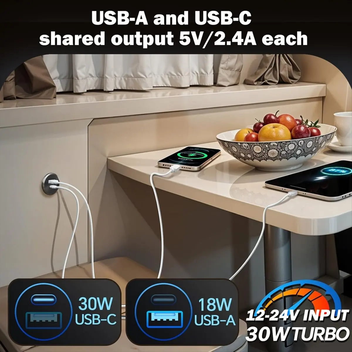 Фото [DTC4] Автомобильное зарядное устройство 12В с USB-выходом, встраиваемое, 30W PD Type-C и 18W QC3.0, алюминиевое, быстрое, для а №4