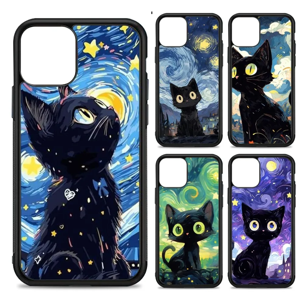 Artistic Black Cat Starry Night Silicone PC+TPU For IPhone 11 12 13 14 15 16 Plus Pro Max Cover