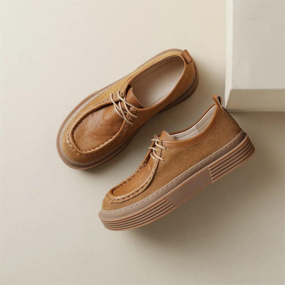 Kanseet Genuine Leather Women Shoes Spring New Round Toe Causal Platform Loafers Handmade Thick High Heel Lady Footwear 40 Brown