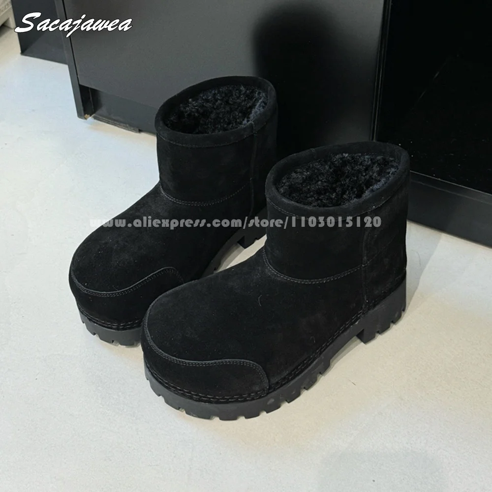 Коровья замша овечьи плюшевые однотонные женские зимние ботинки с круглым
