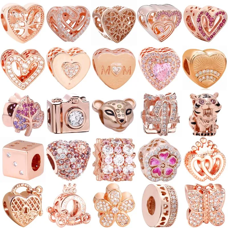 925 Sterling Silver Rose Gold Butterfly Camera Heart Dice Tiger Daisy Flower Charm Bead Fit Pandora Bracelet Jewelry Diy Gift