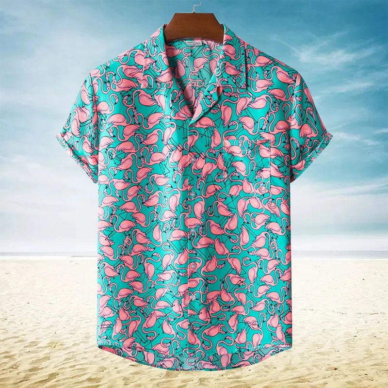 Hawaiian men's flamenco painting shirt, beach party short-sleeved holiday clothing, summer, 2023