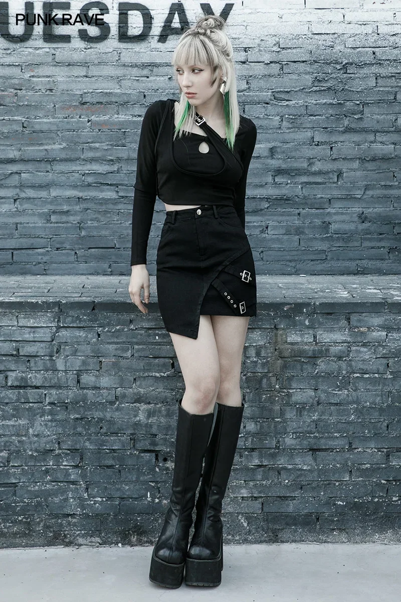 Женская джинсовая мини-юбка в стиле панк-рейва