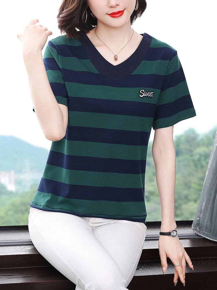 

Футболка BOBOKATEER, женская одежда 2023, хлопковые футболки с V-образным вырезом и коротким рукавом, женские футболки, женские свободные полосатые повседневные футболки