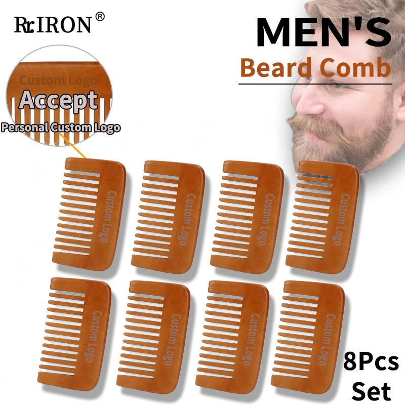 

RIRON Private Custom Logo 8 Pcs Set Beard Man Comb Natural Peach Wooden Beard Care Pocket Brush Combs