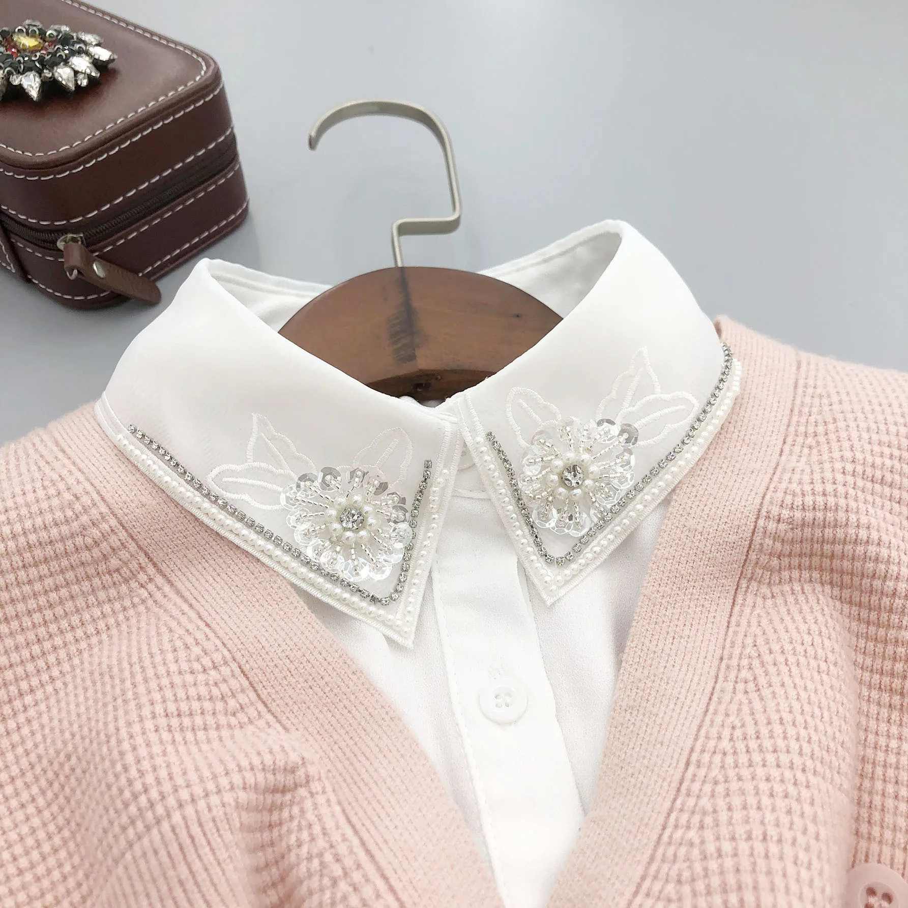 

Рубашка с бусинами ручной работы, съемные воротники для женщин, однотонный ложный воротник, блузка для девочек, топы, ложный воротник, аксессуары для одежды