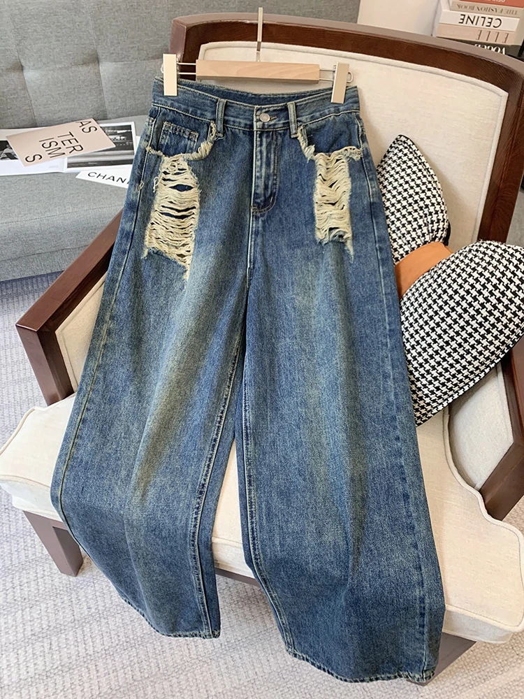 

Американские винтажные прямые свободные джинсовые брюки с высокой талией, уличная мода 2023, Женские Мешковатые джинсовые брюки с широкими штанинами Y2K