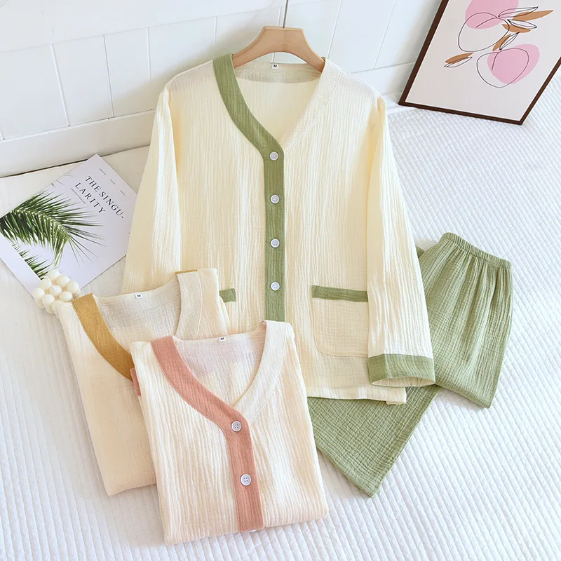 Women Pajama Thin Section Washed Cotton Sleepwear Double Layer Crepe Gauze Pajama Set for Women Short Sleeve+trousers Loungewear