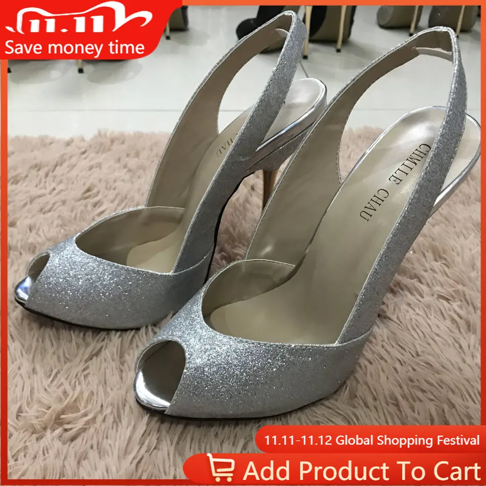 

Women Stiletto Thin Iron High Heel Sandals Sexy Sling Back Peep Toe Silver Glitter Party Bridal Ball Lady Shoe 3845-g9