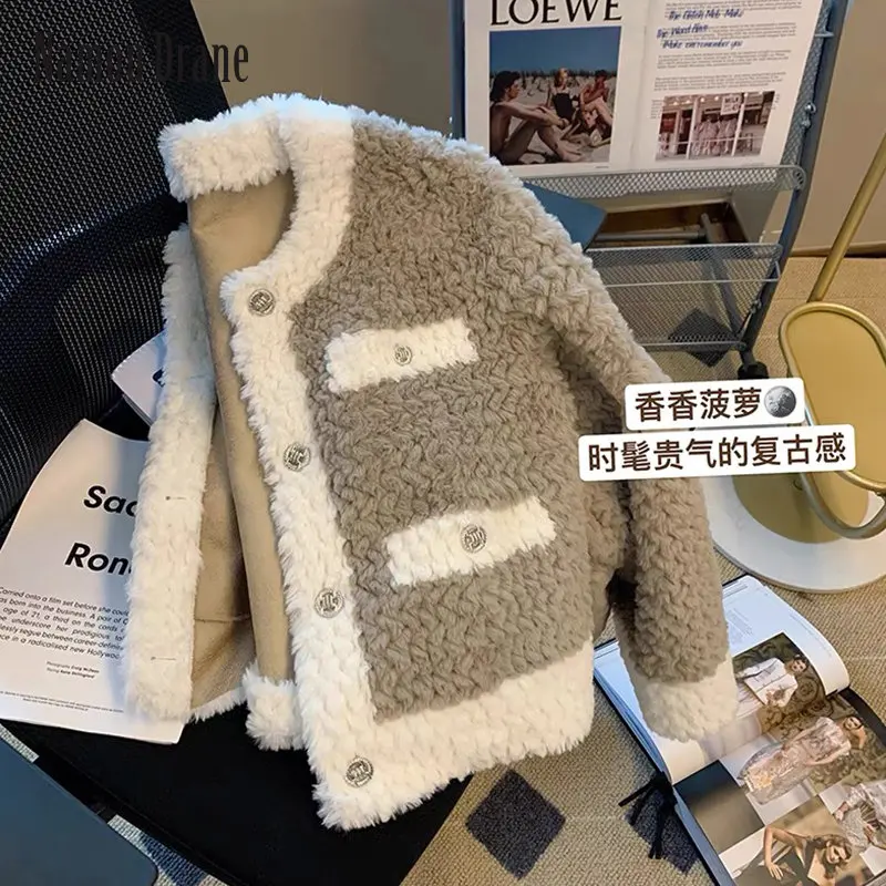 

Woman Cozy Wool Lamb Fur Loose Casual Coats Female Winter Warm Short Thickened Furry Jacket Coat Ladies O-neck Jacket Coat Tide