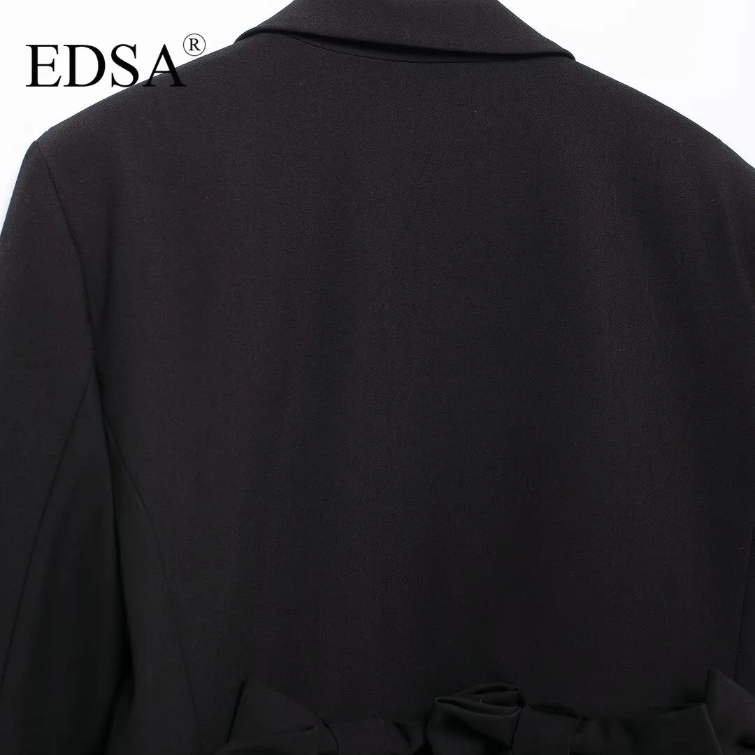 EDSA Женский Черный Короткий Пиджак С Завязками Зубчатый Воротник Длинные Рукава