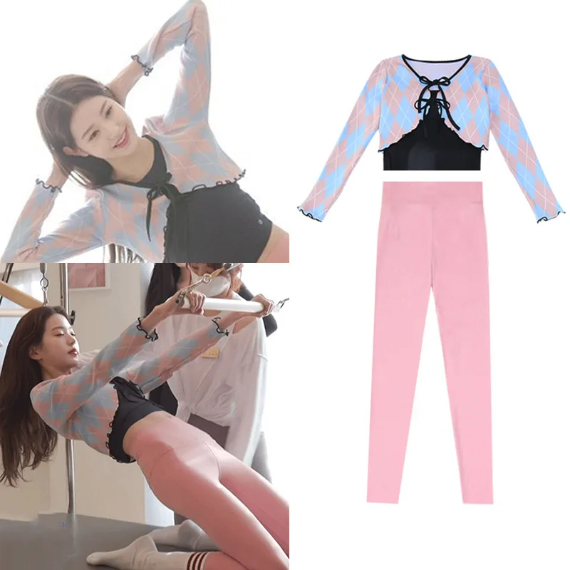 

New Jazz Dance Clothes Knitted Cardigan Plaid Tops Pink Yoga Stretch High Waist Pants Pole Dance Clothing Rave Outfits DWY8677