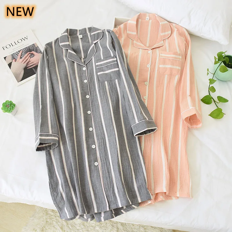 

Stripe HomeShirt Sexy Sleepwear For Women Full Sleeve Pink Pyjama Women's Cotton Warm Autumn Fashion Home Vintage Long Dress