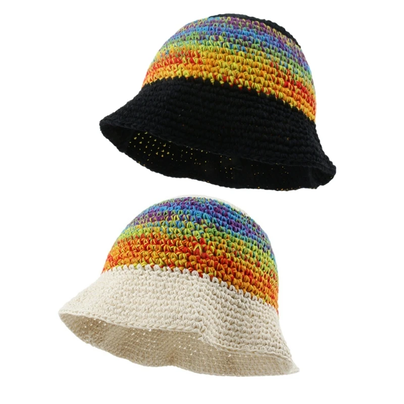 

Sunproof Woman Crochet Hat Summer Fisherman Hat Teens Color Matching Bucket Hat