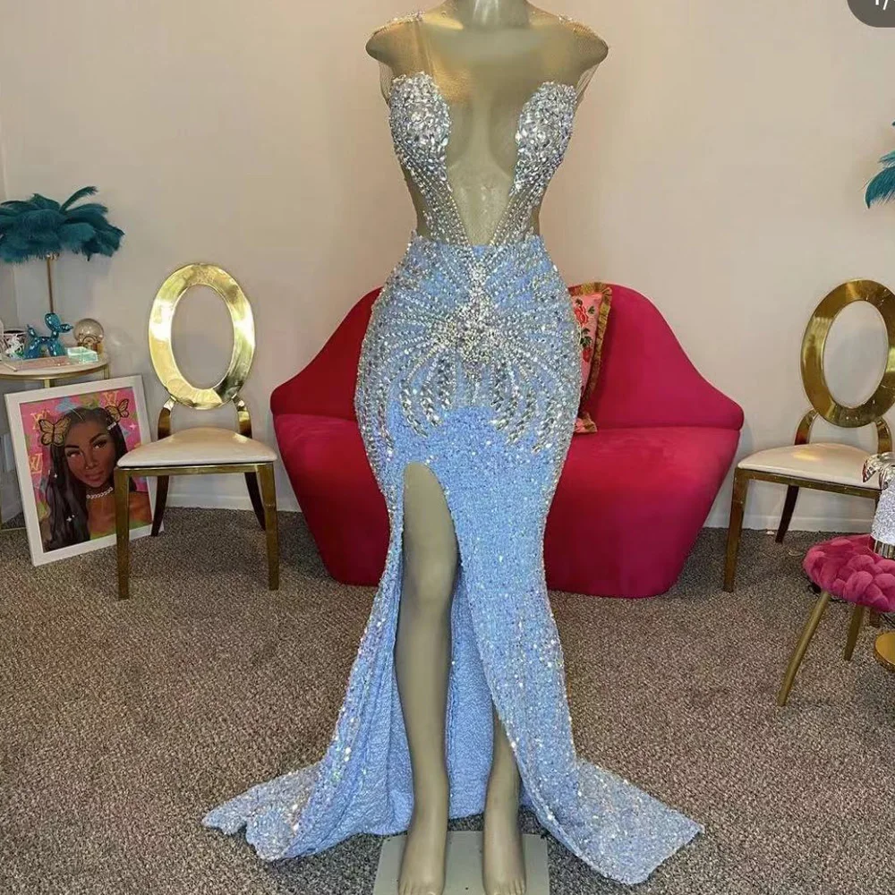 

crystal prom dresses 2024 mermaid sequins light sky blue evening dresses gowns beaded evening dresses gowns
