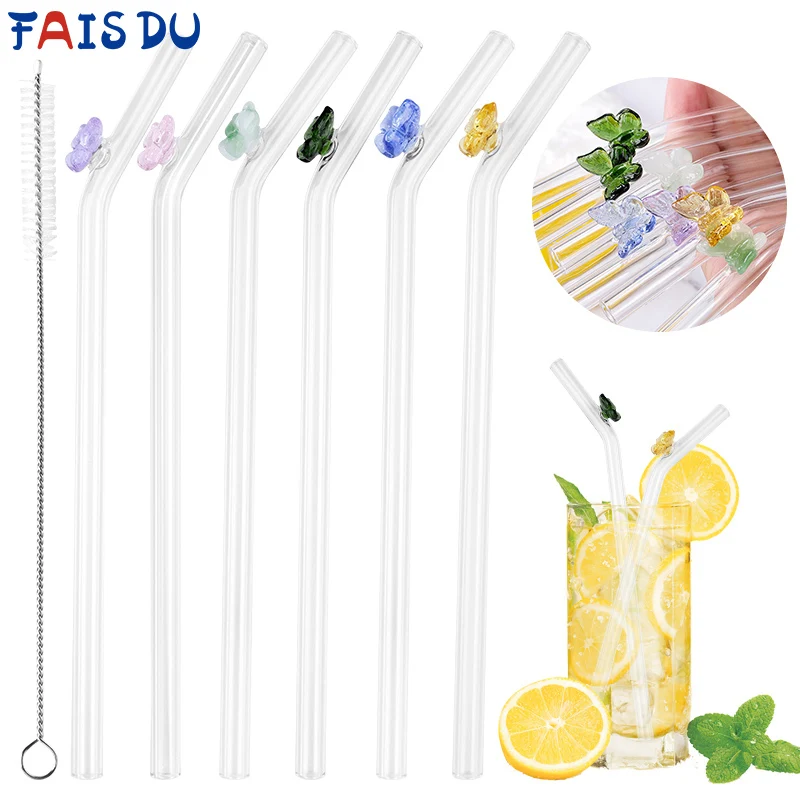 FAIS DU Reusable Glass Straws With Butterfly Eco Friendly Drinking Straws With Clean Brush for Smoothies Cocktails Bar Accessory