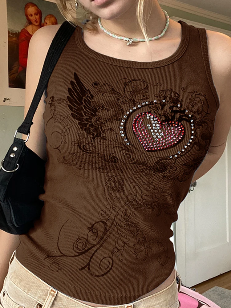 

Y2k Print Crop Top Fairycore Sleeveless Sweats Cute Vest T-shirt Vintage Women Knitted Diamonds Kawaii Gothic Grunge Tank Tops