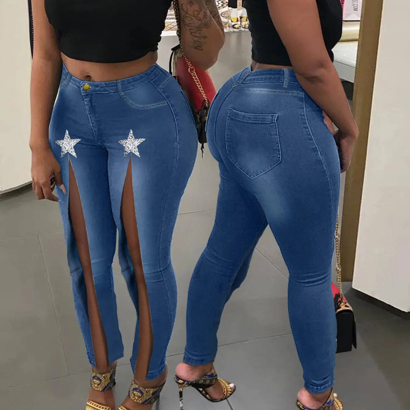 

2022 Spring and Autumn New High Waist Jeans Women Ripped Sexy Elastic Split Flared Women's Jeans