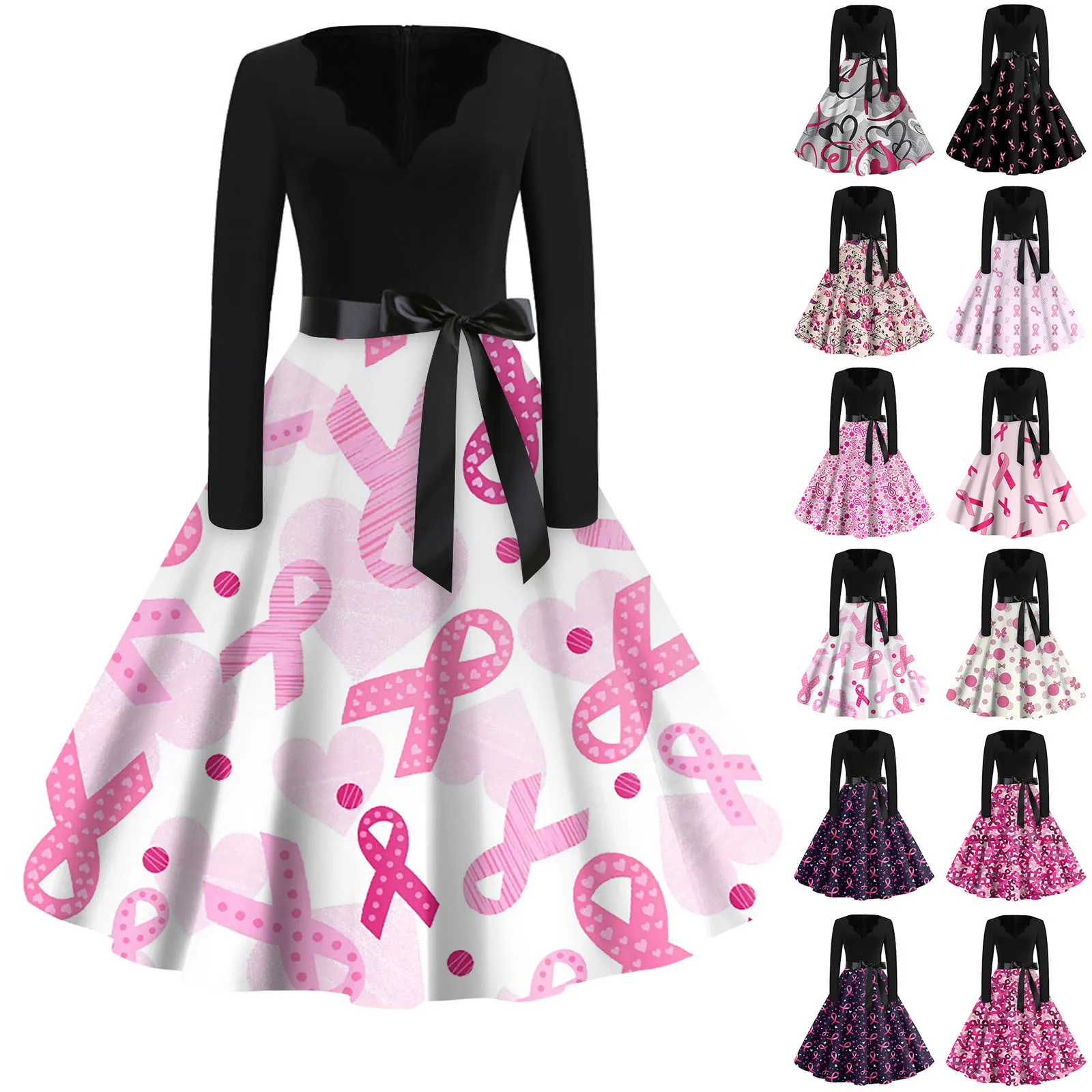 Женское модное винтажное платье с V-образным вырезом и длинным рукавом