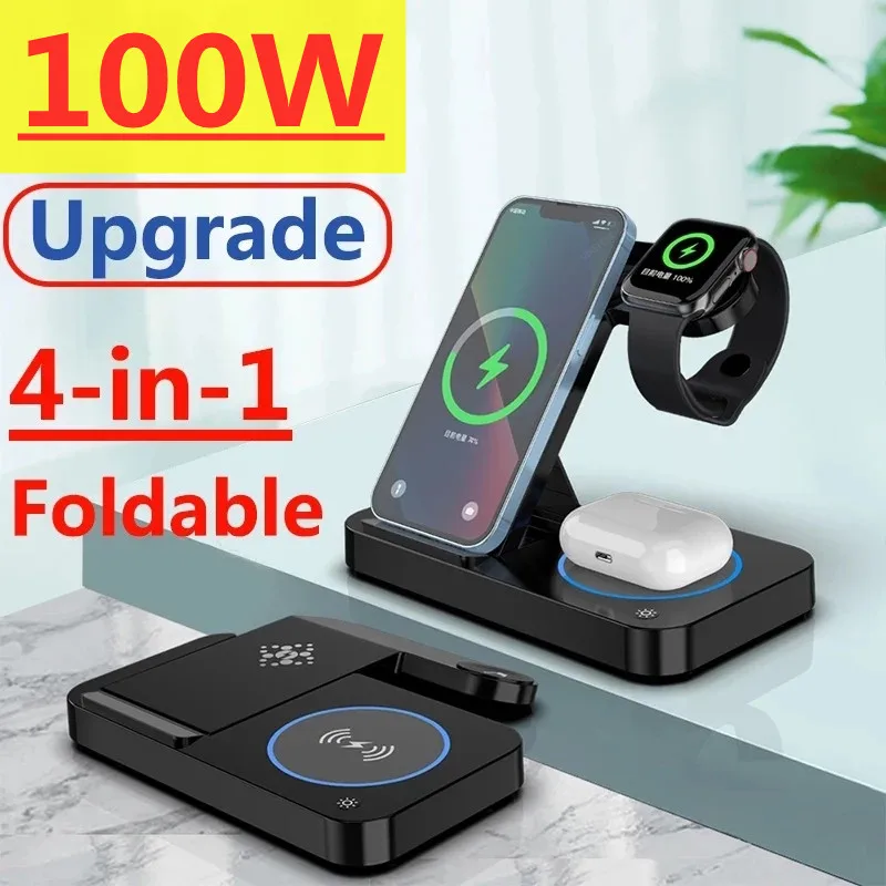 

100W 4 in 1 Wireless Charger Stand Foldable Qi Fast Charging Station For / 14 13 12 / S22 S21 a-pple Watch 8 7