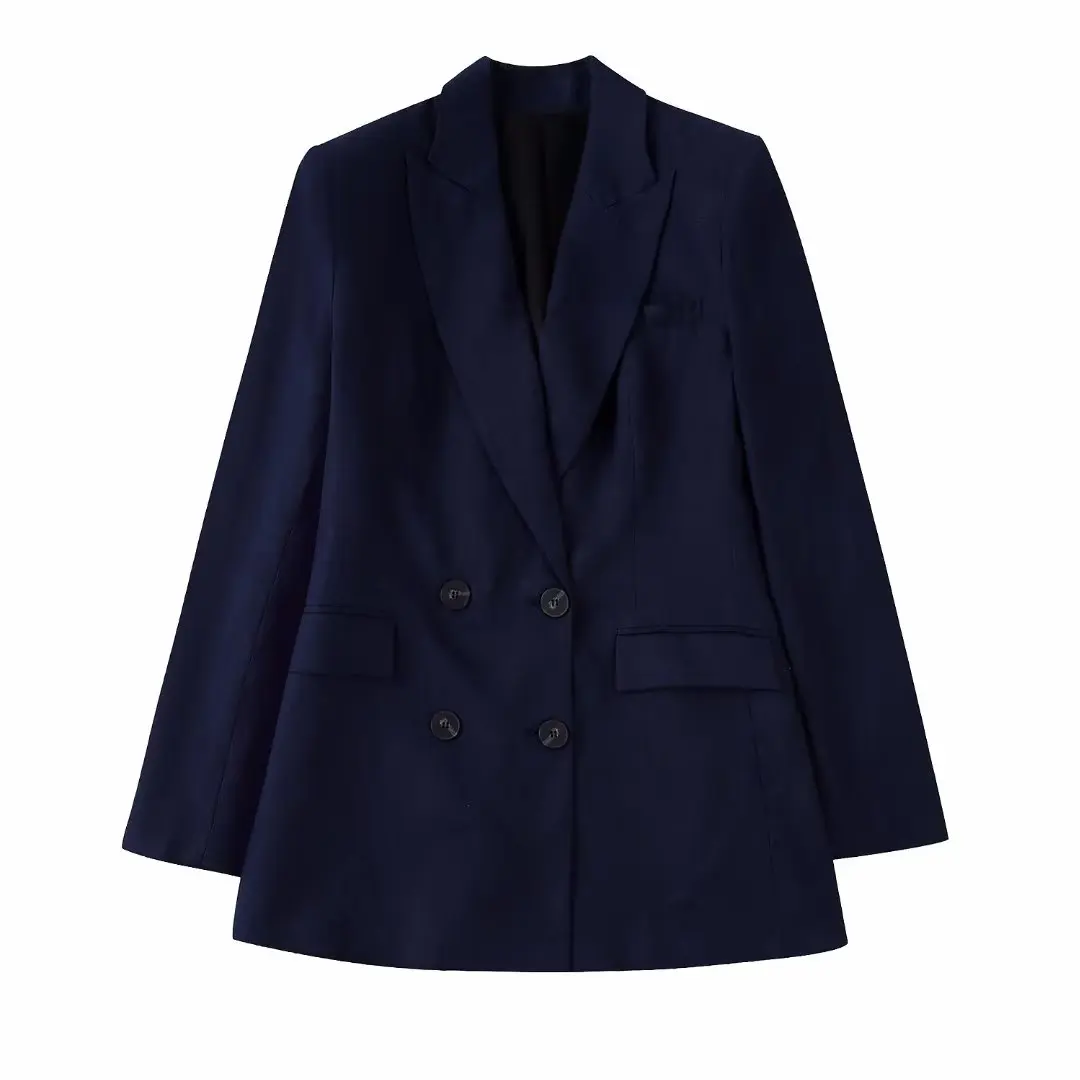 

Women 2022 Fashion Double Breasted Linen Blazer Coat Vintage Long Sleeve Flap Pockets Female Outerwear Chic Veste Femme