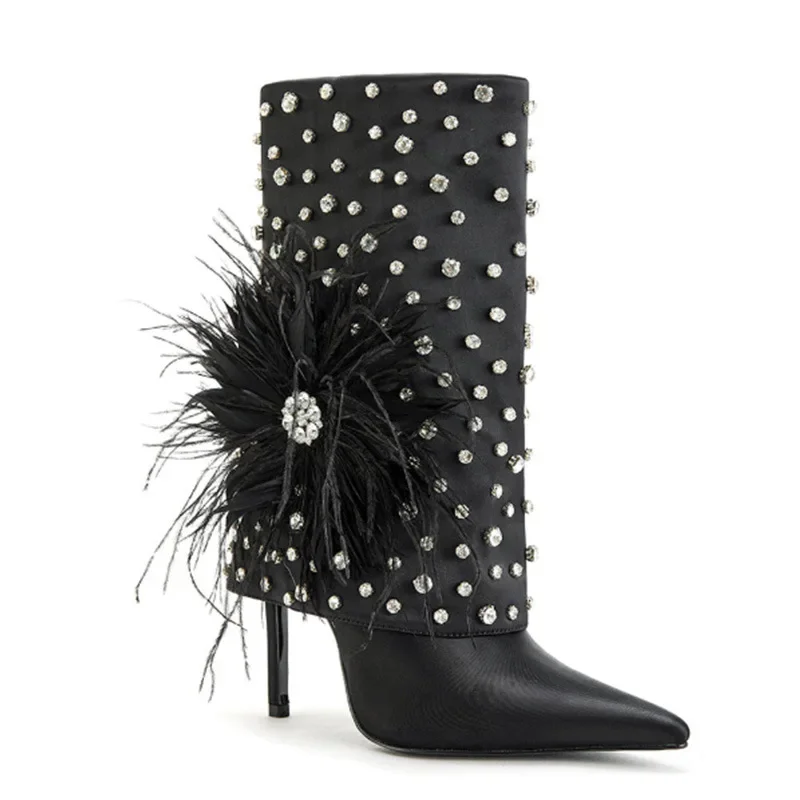 Брюки на шпильке с острым носком и стразами атласные ботинки без шнуровки до