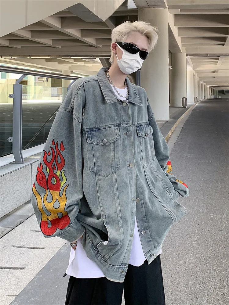 Мужское джинсовое пальто с пламенной вышивкой Burr Design осенняя новая уличная