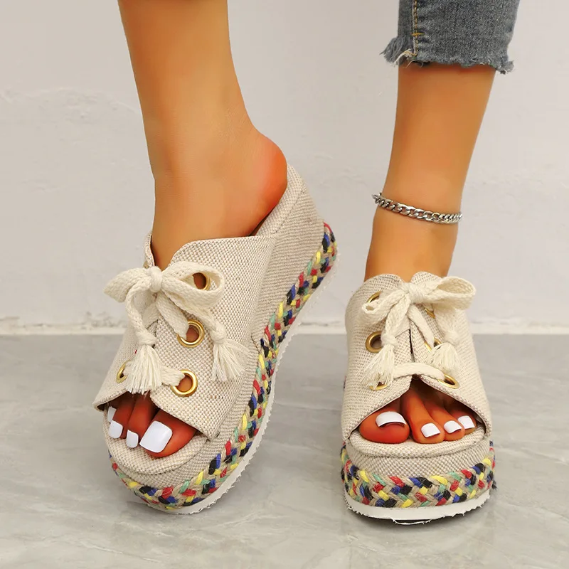 

Ladies Slippers Summer 2022 Platform Wedge High Heels Lace Up Open Toe Fashion Slippers Beach Outdoor Ladies Shoes Sandals