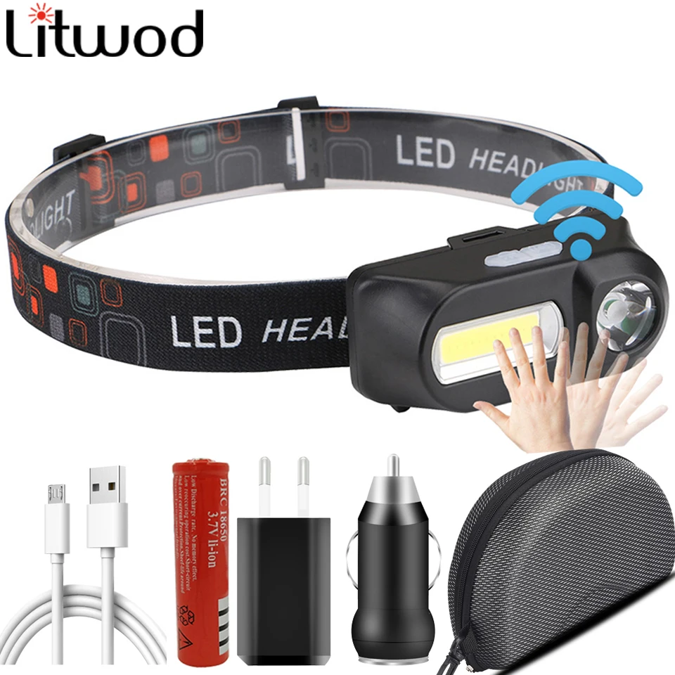 

Портативный головной мини-фонарь Q5 + COB с двойным переключателем и датчиком, светодиодный головной фонарь со встроенным USB аккумулятором, го...