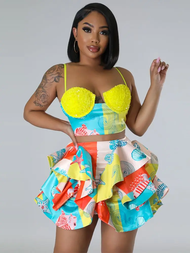 

Женский комплект из двух предметов, укороченный топ на бретелях-спагетти с эффектом пуш-ап, многослойная мини-юбка с оборками, модная уличная одежда на лето