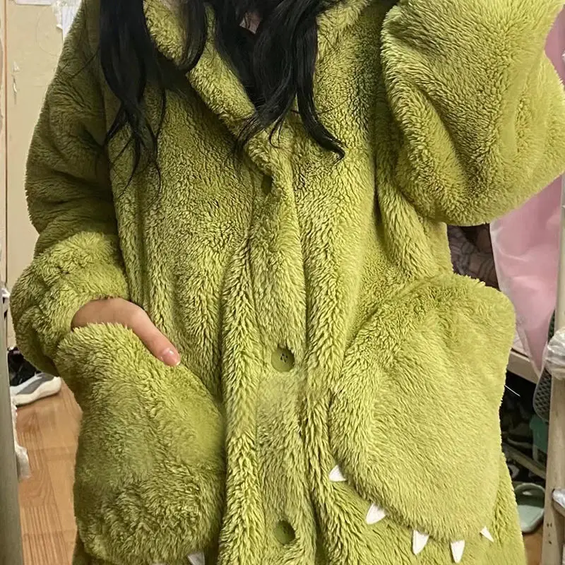 Cartoon Nightdress Winter Soft Homewear Bathrobe Gown Anime Cute Coral Fleece Women Casual Hooded Sleepwear Flannel Nightgowns