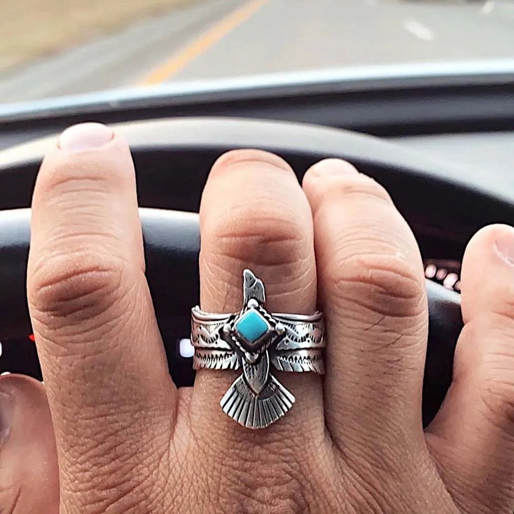 

Eagle Wings Natural Stones Finger Rings For Women Vintage Personalized Creative Opening Adjustable Ring Accessories Gift Jewelry